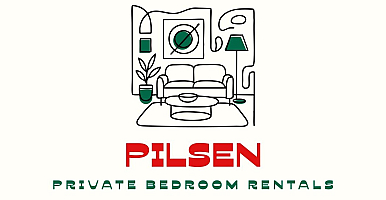 Modern Pilsen private bedroom rentals logo with stylish interior illustration featuring a cozy sofa and elegant decor elements.