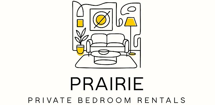Chic Prairie logo featuring modern line art of a cozy living room with a sofa, stylish lamp, and vibrant decor, representing private bedroom rentals.