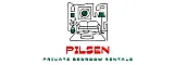 Modern Pilsen logo featuring a stylish living room line art with a sofa, plant, and floor lamp, promoting private bedroom rentals.