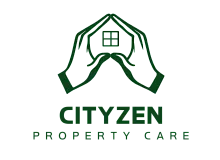 Cityzen Property Care logo depicting hands forming a house shape with a window, symbolizing care and protection.