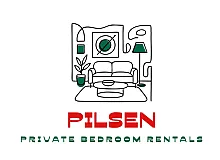 Minimalist logo for Pilsen Private Bedroom Rentals featuring a stylish line drawing of a cozy living room setup.