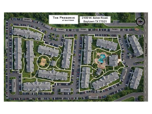 Aerial view of The Preserve at Baytown showcasing expansive residential complex with lush greenery, ample parking, and a central pool area for leisure.