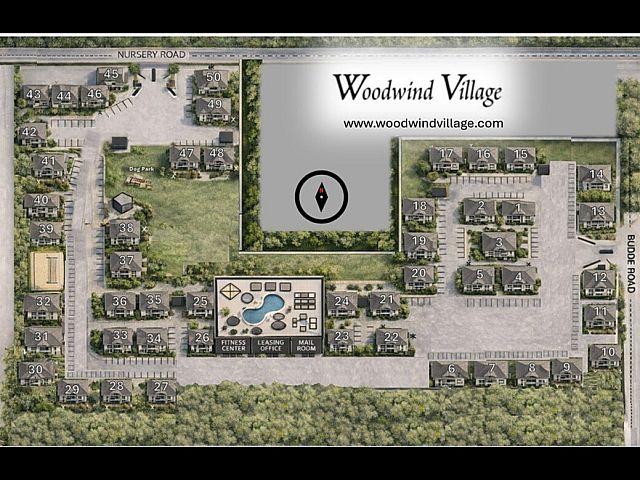 Woodwind Village community layout featuring elegantly designed apartments, lush greenery, a spacious dog park, and modern amenities including a pool, fitness center, and leasing office.