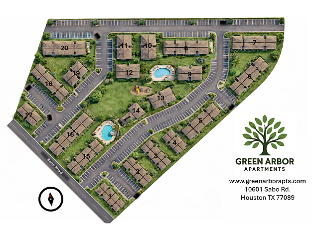 Vibrant aerial layout of Green Arbor Apartments in Houston, showcasing lush green spaces, swimming pools, and convenient parking areas.
