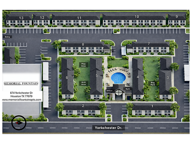 Charming apartment complex layout with modern buildings, central pool, gym, play area, and dog park located on Yorkchester Drive.