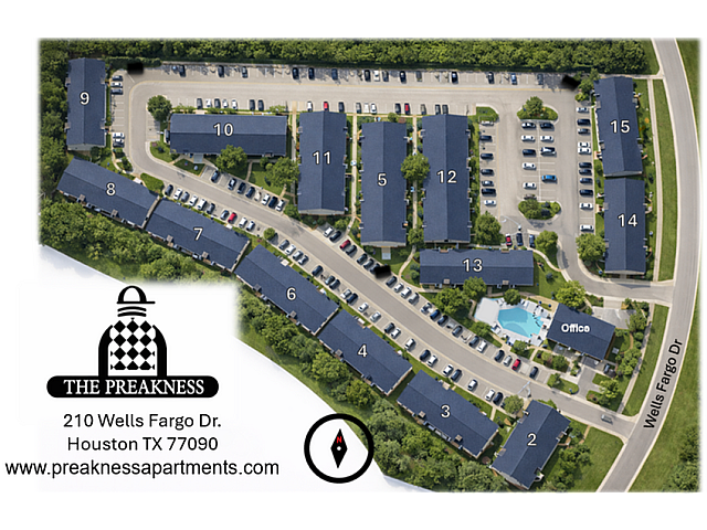 Sprawling aerial view of The Preakness apartments in Houston, TX, showcasing multiple residential buildings, ample parking, lush greenery, and a sparkling pool.