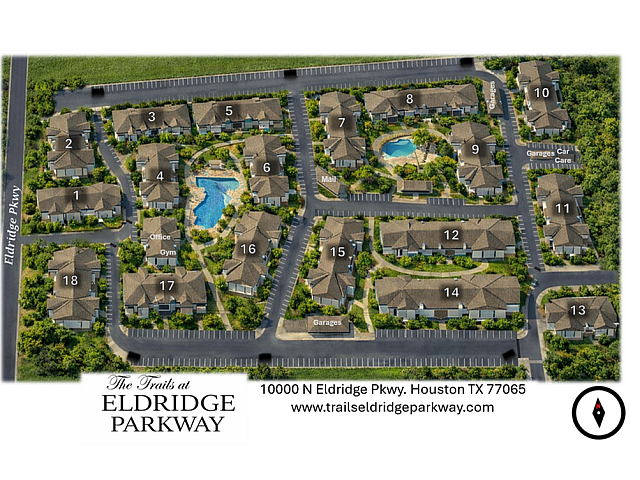 Aerial view of The Trails at Eldridge Parkway featuring beautifully arranged apartment buildings with lush landscaping, a central pool, and convenient amenities like a gym and offices in a vibrant Houston neighborhood.