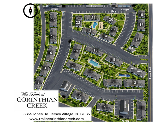 Aerial view of luxurious Trails at Corinthian Creek layout featuring beautifully arranged apartments, tranquil pools, and lush greenery in Jersey Village, TX.