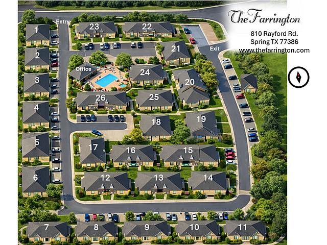 Charming aerial view of The Farrington community, showcasing elegantly arranged homes with lush greenery, a sparkling central pool area, and convenient parking, located in Spring, TX.