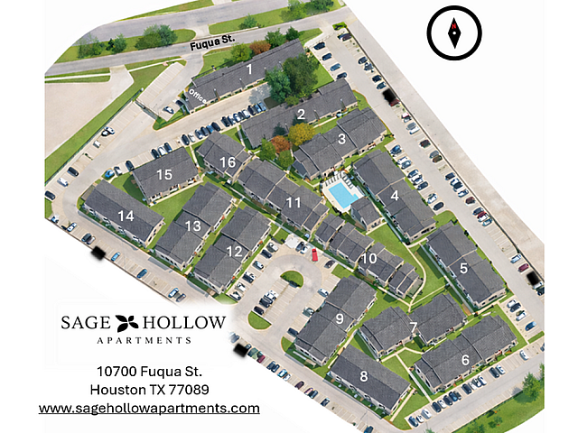 Aerial view of Sage Hollow Apartments in Houston, featuring a well-organized layout with numbered buildings, lush greenery, and a central pool area. Prime location at 10700 Fuqua St, with convenient parking and easy access.