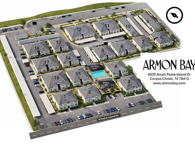 Armon Bay aerial view showcasing a well-organized apartment community with 18 distinct units, lush greenery, and convenient amenities including a pool, gym, and laundry. Located on S Padre Island Dr, Corpus Christi, TX.
