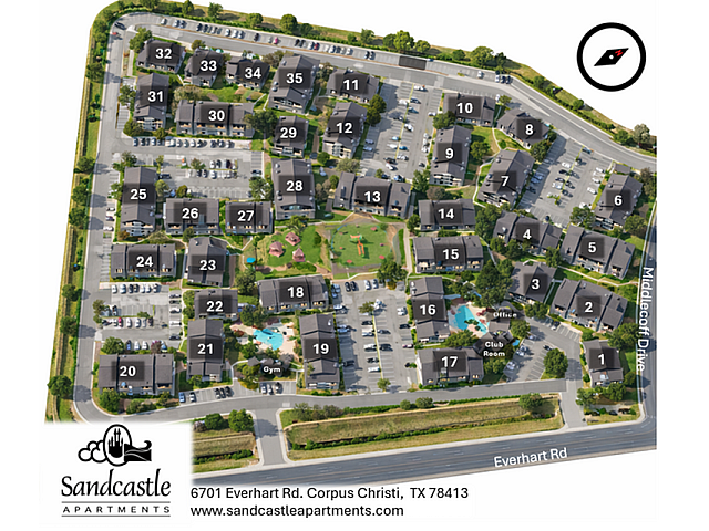 Aerial view of Sandcastle Apartments showcasing a vibrant community layout with lush green spaces, modern buildings, multiple pools, a gym, and playground areas, located in Corpus Christi, TX.