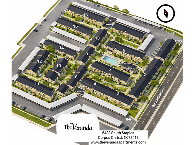 Bird's-eye view of The Veranda apartment complex in Corpus Christi, TX, showcasing a well-organized layout with 16 buildings, lush green spaces, a central pool, gym, and laundry. Conveniently located along South Staples Road.