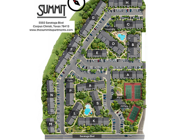 Vibrant apartment community map featuring multiple buildings, lush greenery, pools, tennis courts, and convenient amenities like a gym and laundry in Corpus Christi, Texas.