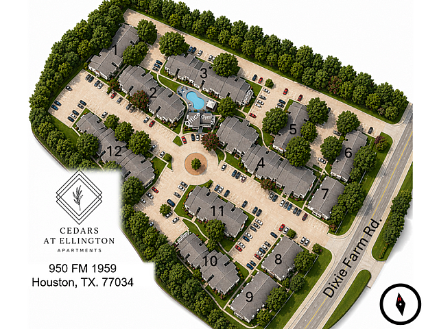 Charming 2D layout of Cedars at Ellington Apartments in Houston, showcasing a modern community with gym, pool, and lush landscaping.
