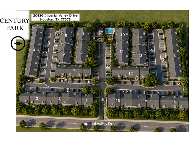 Aerial view of Century Park apartment complex in Houston, TX, showcasing well-organized parking lots, lush greenery, and a central pool area with gym and mail facilities.