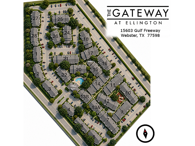 The Gateway at Ellington aerial view showcases an inviting residential layout with multiple apartment buildings surrounded by lush greenery, featuring a central swimming pool, convenient dog park, gym, and ample parking in Webster, TX.