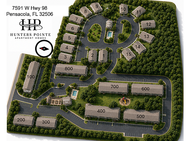 Beautifully detailed 3D map of Hunters Pointe Apartment Homes in Pensacola, Florida, showcasing well-organized buildings, lush greenery, a central laundry area, and inviting pool.