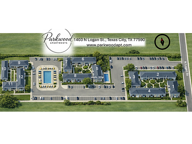 Bird's-eye view of Parkwood Apartments showcasing modern layout with lush green spaces, inviting pool area, and ample parking in Texas City.