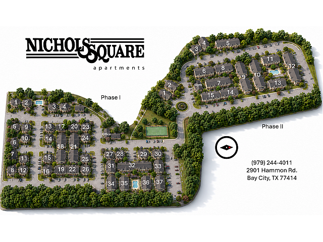 Nichols Square Apartments aerial view showing lush greenery, multiple residential buildings, a gym, and two sparkling swimming pools in Bay City, Texas.