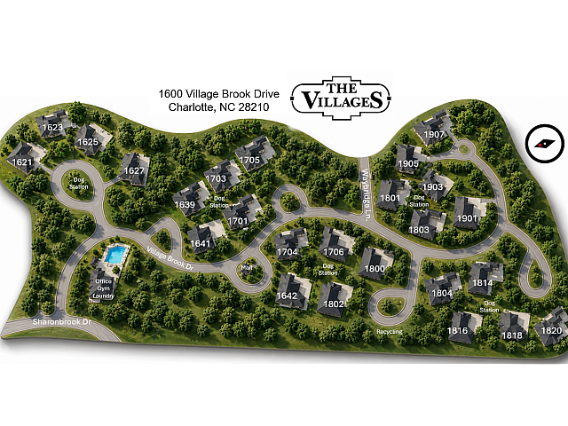 Charming community map of The Villages at 1600 Village Brook Drive, Charlotte, NC showing scenic layout with lush greenery, strategically placed dog stations, a refreshing pool, and well-planned roads connecting cozy homes.