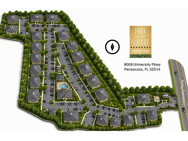 Attractive apartment community layout featuring lush green surroundings, a central pool, dedicated dog park, and convenient mail area at Park on the Square, Pensacola.