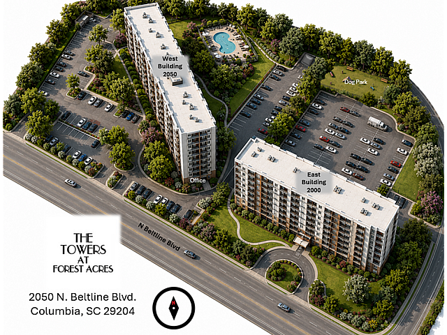 Aerial view of The Towers at Forest Acres featuring two modern apartment buildings surrounded by lush greenery, a sparkling pool, and a convenient dog park in Columbia, SC.