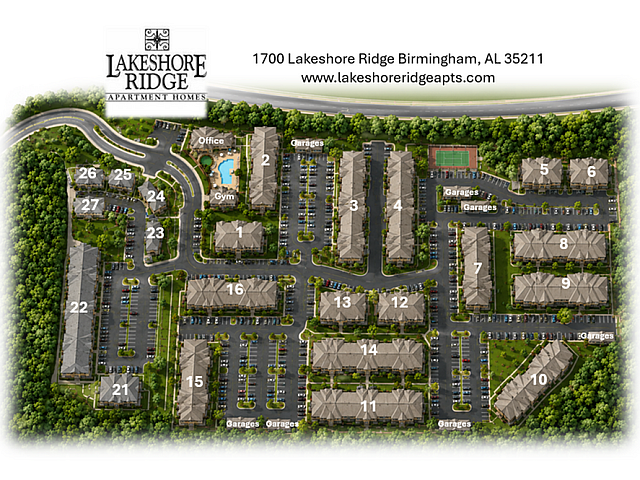 Beautifully designed aerial site map of Lakeshore Ridge Apartment Homes in Birmingham, AL, showcasing a well-planned community layout with multiple residential buildings, garages, a gym, office, pool, and tennis court surrounded by lush greenery.