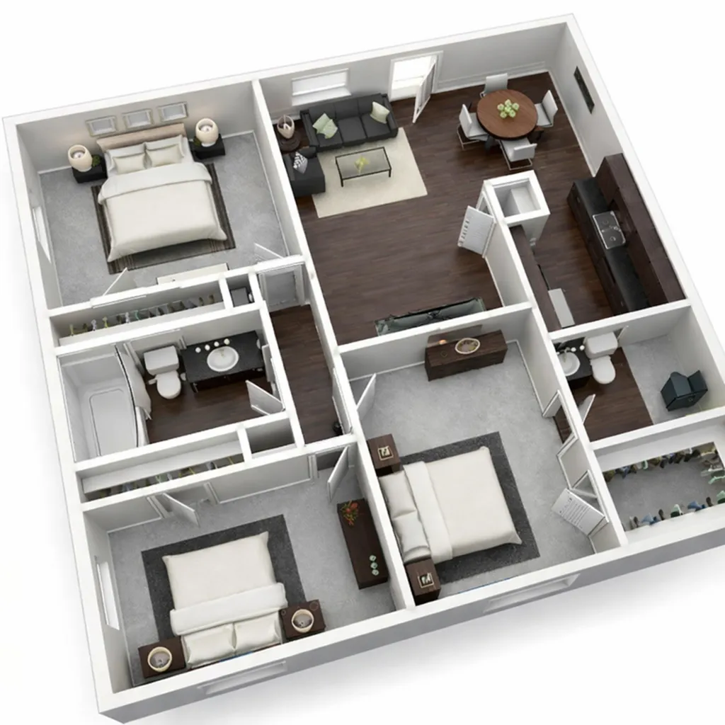 Chic 3D floor plan showcasing a modern two-bedroom apartment with a spacious open-concept living area, sleek kitchen, and two elegant bathrooms.
