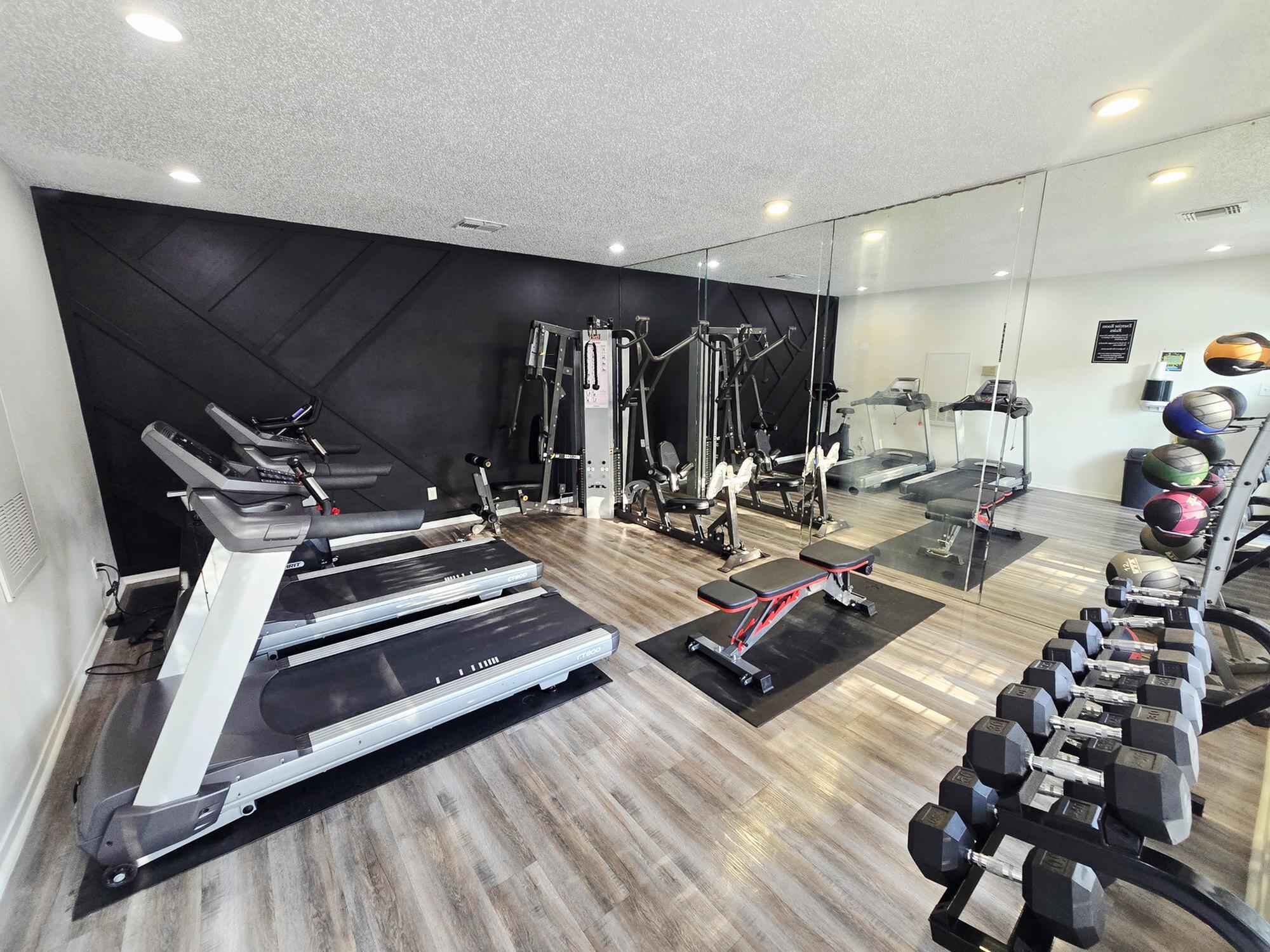 Modern and well-equipped gym featuring treadmills, exercise machines, and a variety of weights, with sleek flooring and mirrored walls for an enhanced workout experience.