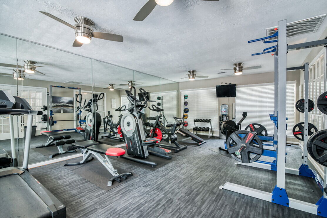 Spacious apartment fitness center equipped with state-of-the-art cardio machines, weight racks, and mirrors for an invigorating workout experience.