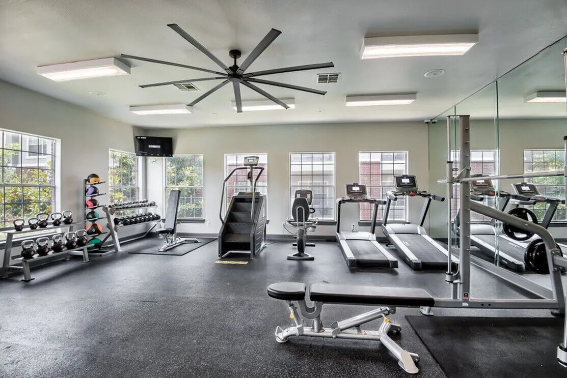 Modern apartment gym with state-of-the-art equipment, including treadmills, free weights, and exercise machines, illuminated by ample natural light from large windows.