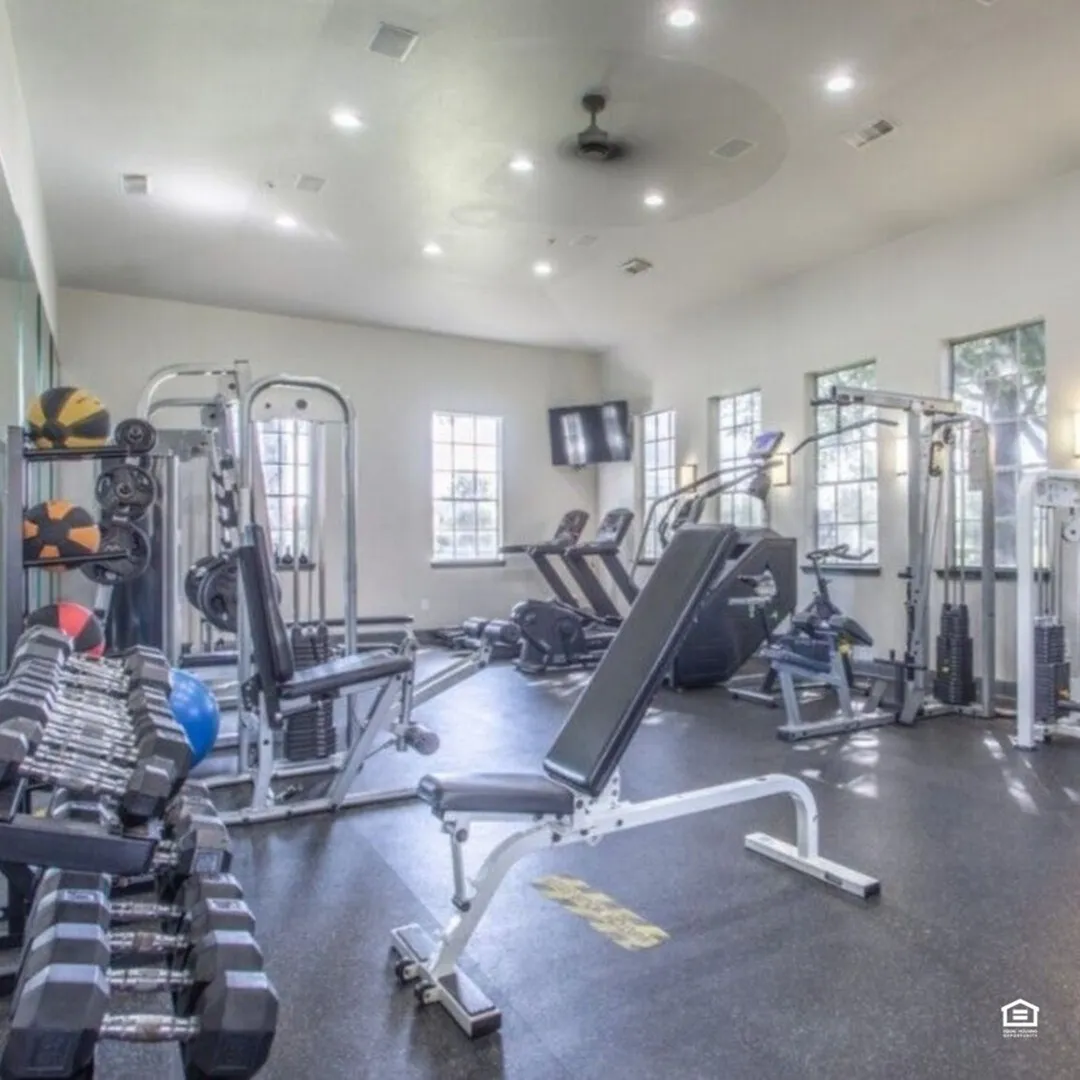 Spacious and modern fitness center with state-of-the-art gym equipment, bright natural lighting, and sleek design.