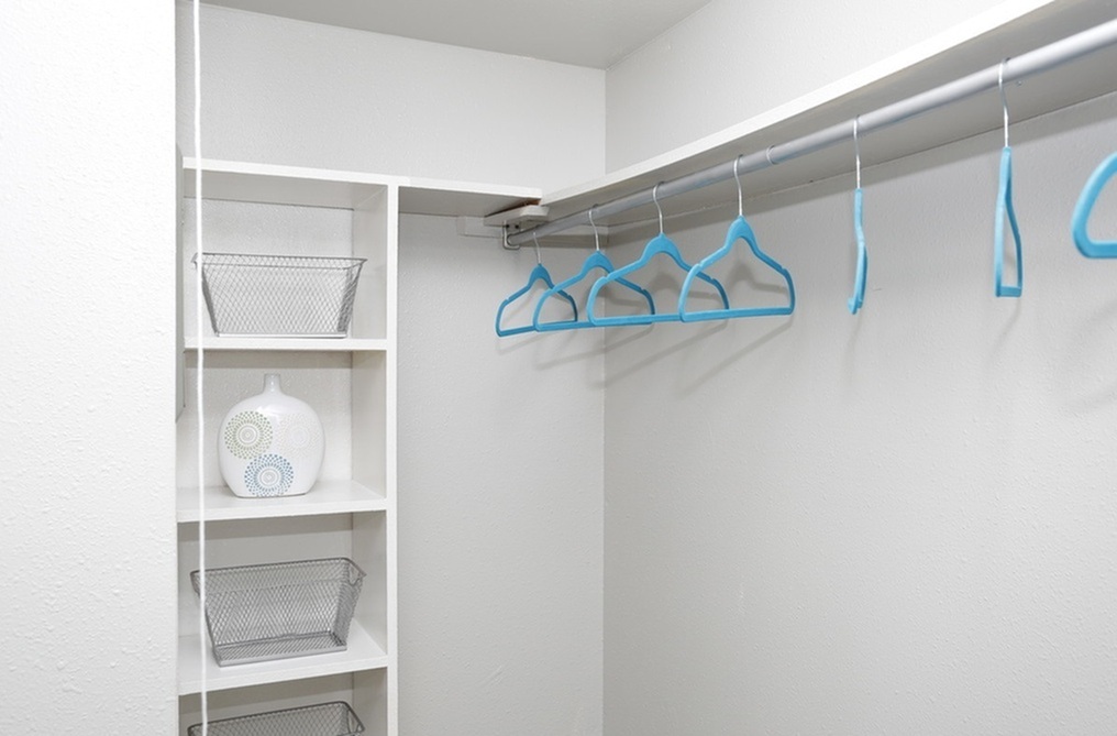 Spacious walk-in closet with sleek shelving, vibrant blue hangers, and elegant decorative vase.
