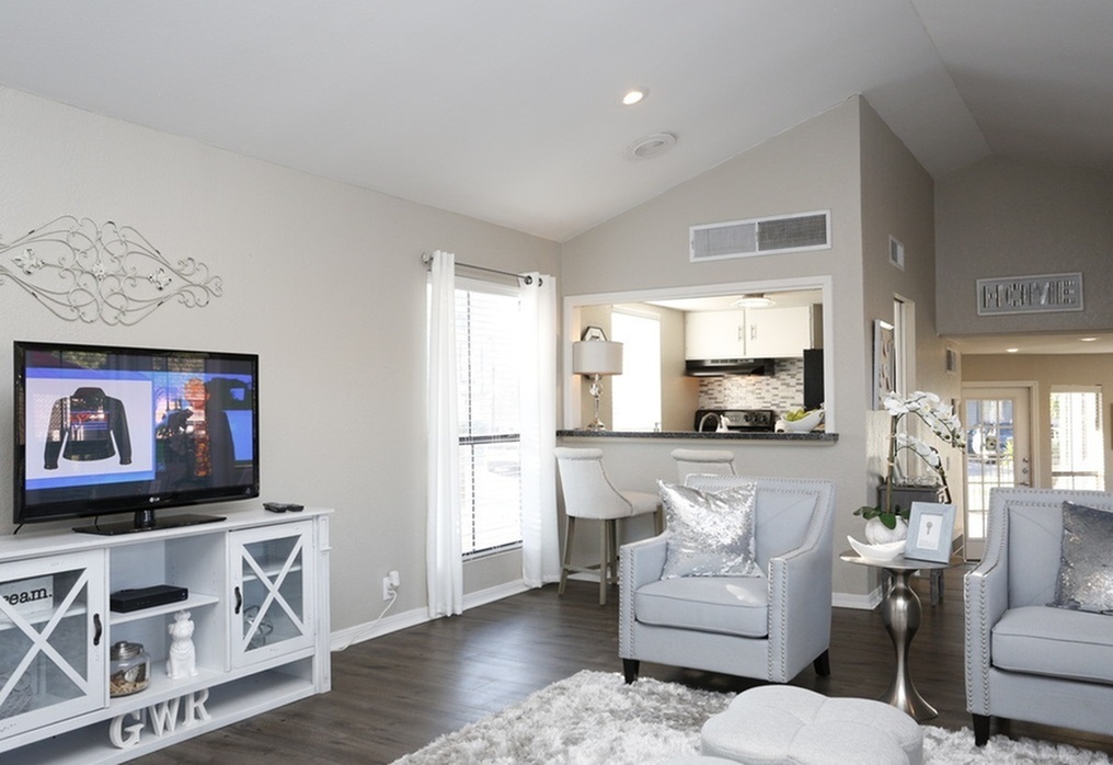 Modern open-plan living room with sleek grey sofas, a TV on a decorative stand, and a glimpse into a contemporary kitchen. Natural light fills the space through large windows, creating a bright and inviting atmosphere.