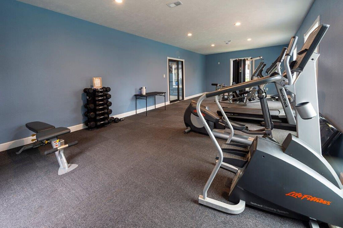Inviting gym space featuring modern exercise equipment, a versatile weight bench, and a dumbbell set against a soothing blue wall.