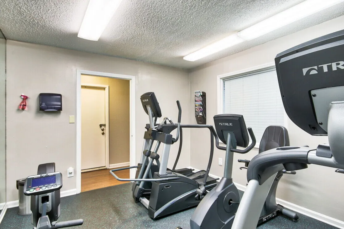 Inviting fitness room with modern exercise equipment including treadmills and elliptical machines, ambient lighting, and minimalist design.