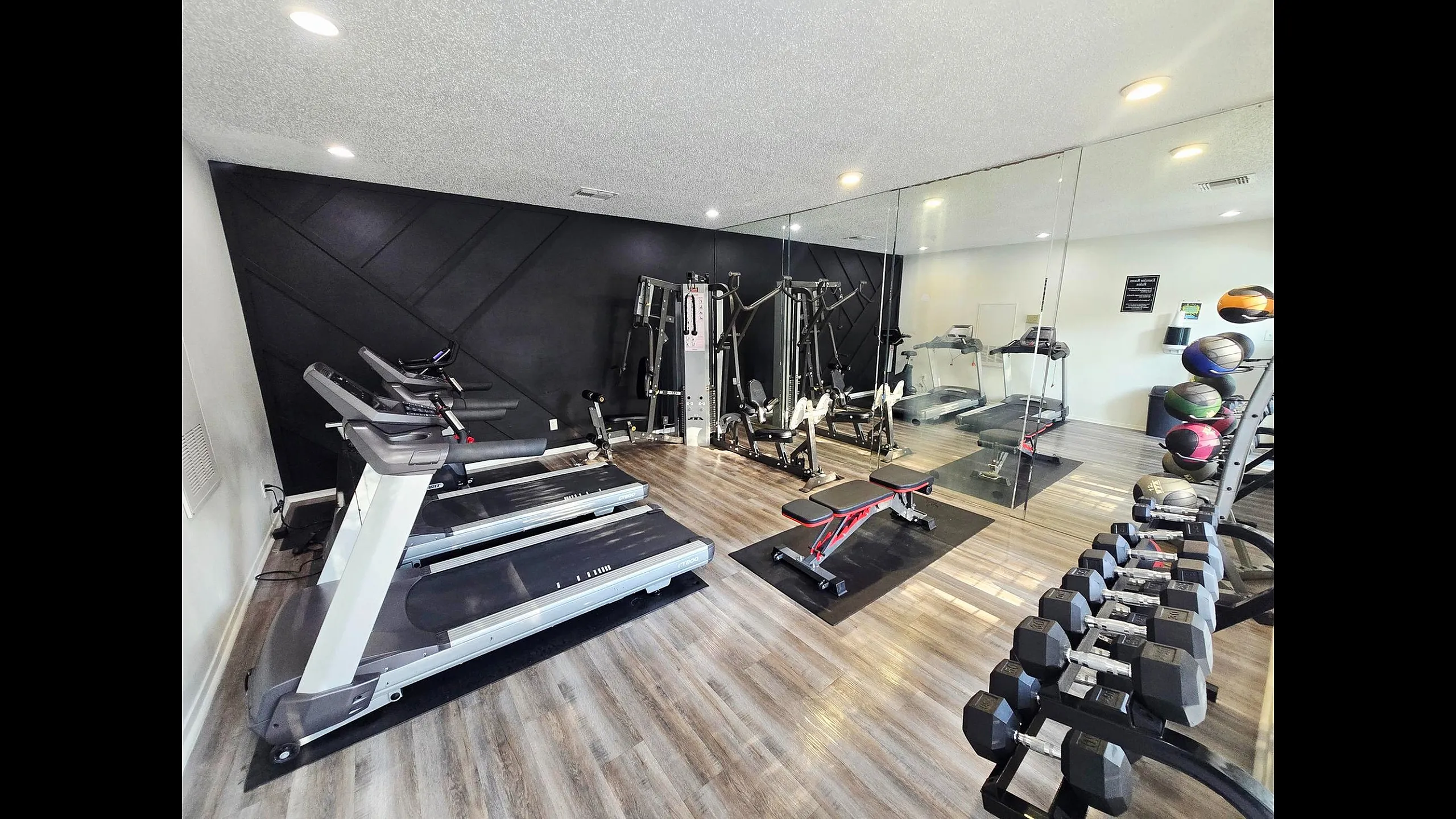 Modern apartment gym featuring state-of-the-art treadmills, resistance machines, free weights, and a full-length mirror for an energized workout experience.