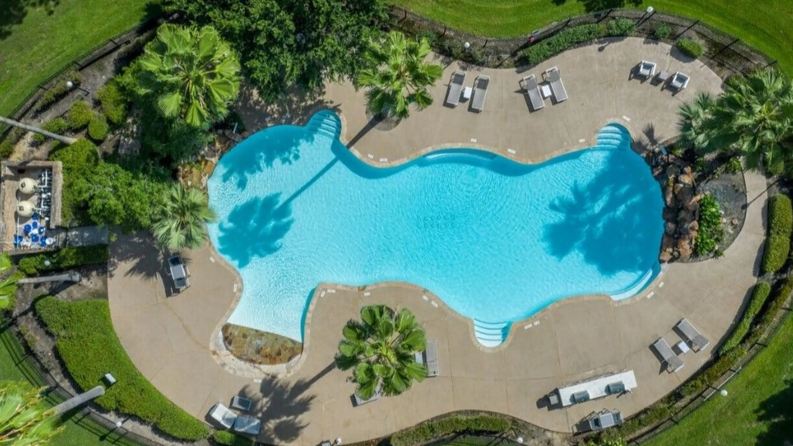 Aerial view of a luxurious pool surrounded by lush greenery and palm trees, featuring inviting lounge chairs and a beautifully landscaped terrace.