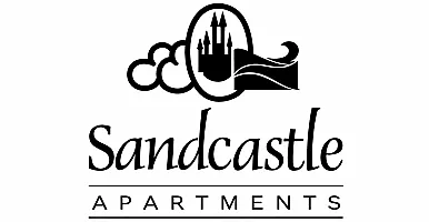 Elegant Sandcastle Apartments logo featuring a stylized sandcastle with waves and clouds, representing coastal living with a touch of luxury.
