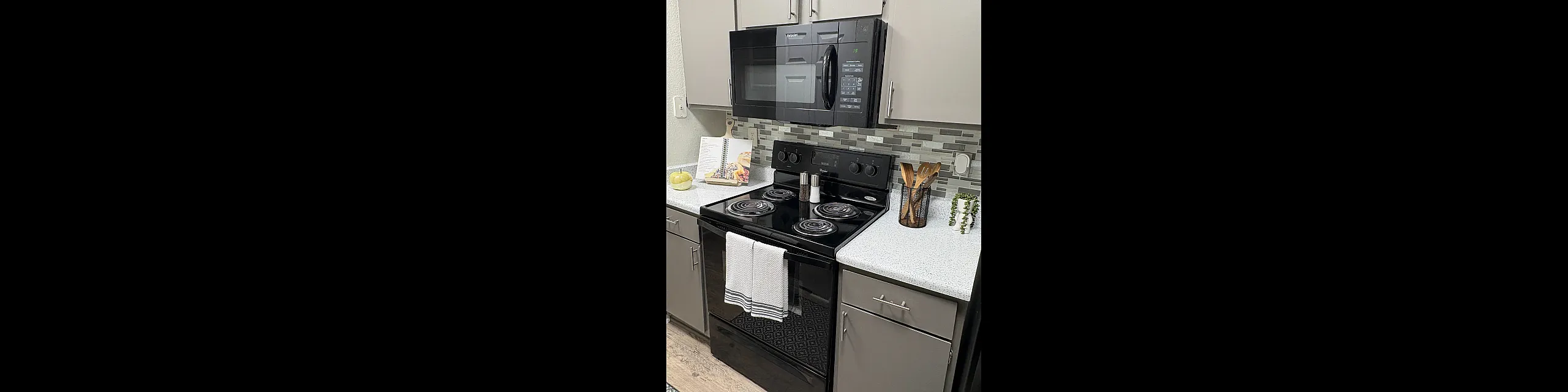 Modern kitchen with sleek gray cabinets, state-of-the-art black appliances, and stylish tile backsplash, perfect for culinary creativity.