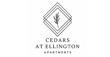 Elegant logo for Cedars at Ellington Apartments featuring a sleek geometric design with a cedar leaf illustration.