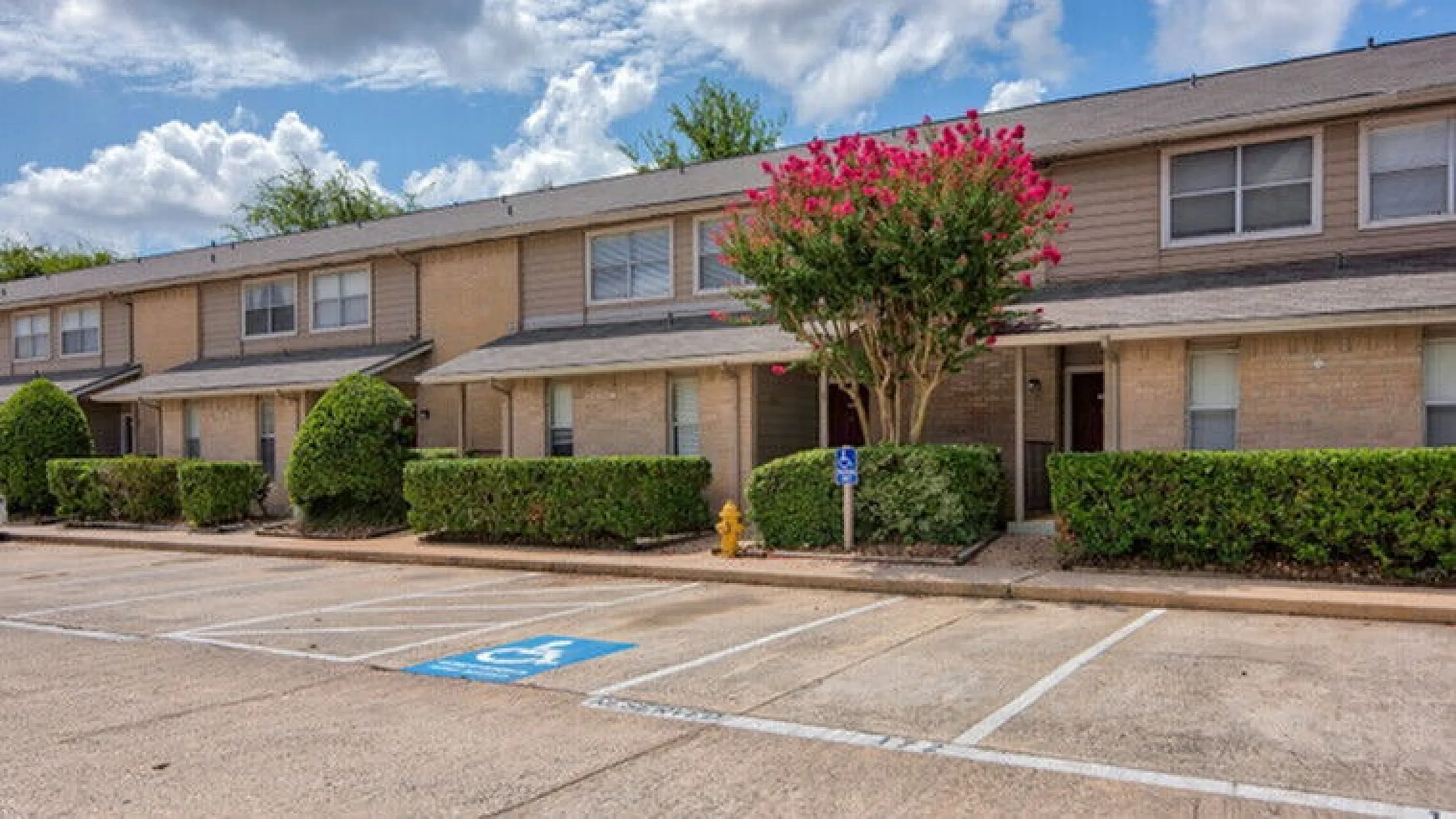 Charming townhouse complex with manicured hedges, blooming tree, and convenient parking under a bright blue sky.