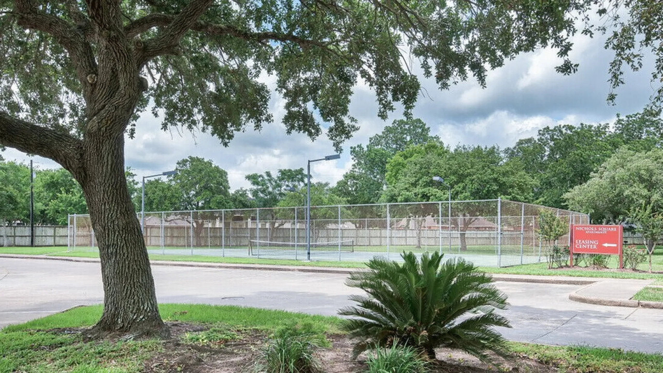 Inviting tennis court surrounded by lush greenery and mature trees, offering a peaceful recreational space.