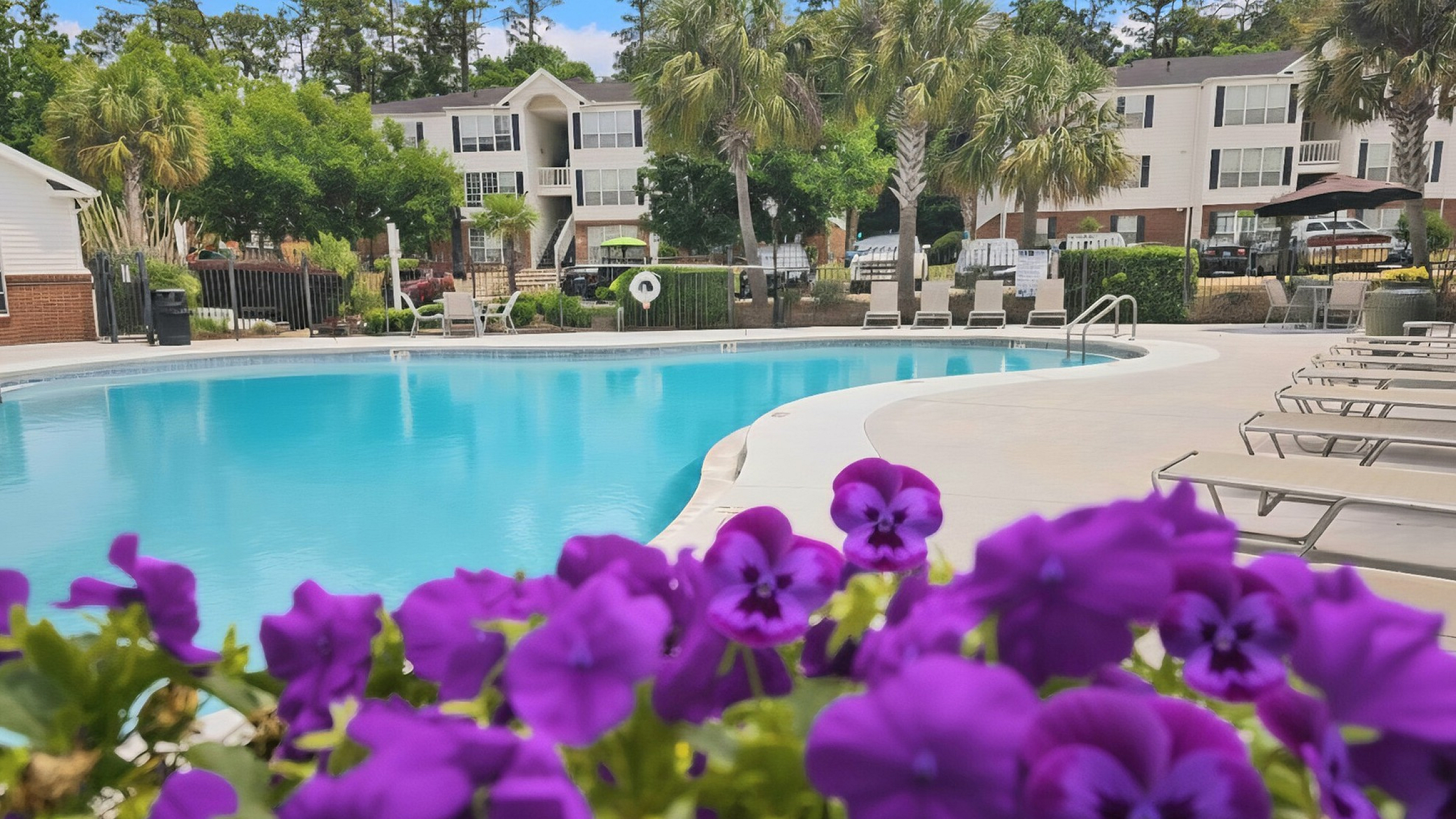 Inviting apartment complex with a crystal-clear swimming pool surrounded by lush greenery and vibrant purple flowers, offering a serene and picturesque environment.