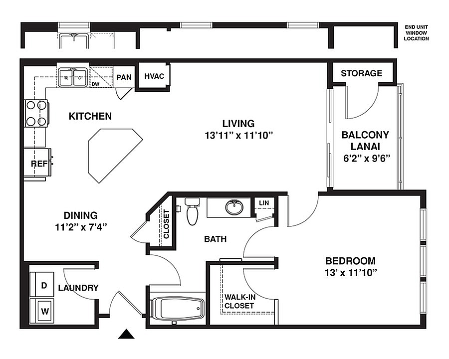 Modern 1-bedroom floor plan with open kitchen, spacious living area, and private balcony in a well-designed layout.