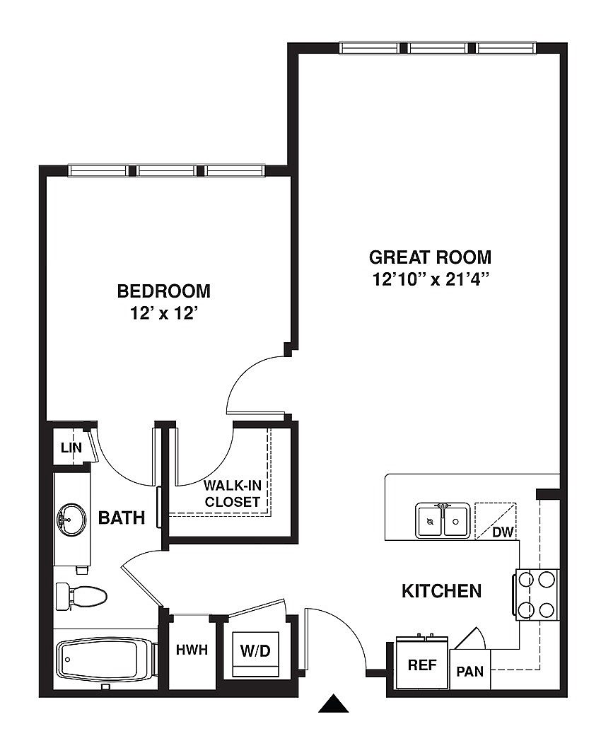 Chic floor plan showcasing a spacious great room, modern kitchen, cozy bedroom, and convenient walk-in closet.