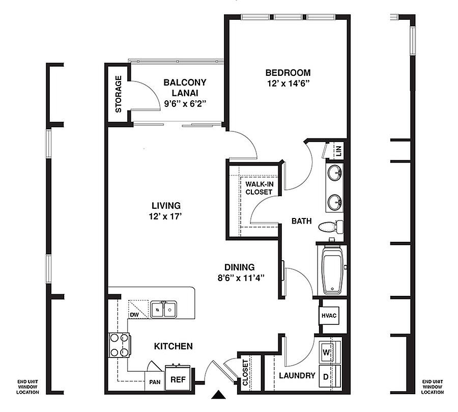 Modern floor plan featuring a spacious bedroom with walk-in closet, open living area, dining space, and kitchen. Includes a balcony lanai and convenient laundry area.