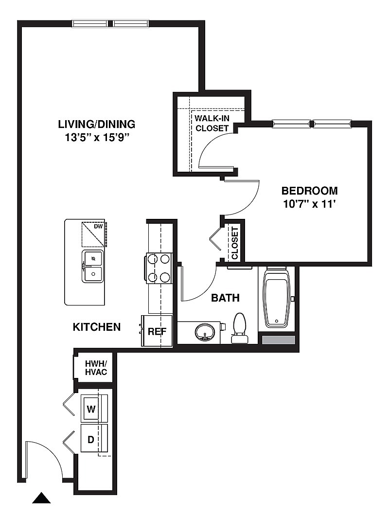 Elegant apartment floor plan with a spacious living/dining area, modern kitchen, cozy bedroom with walk-in closet, and convenient bath.