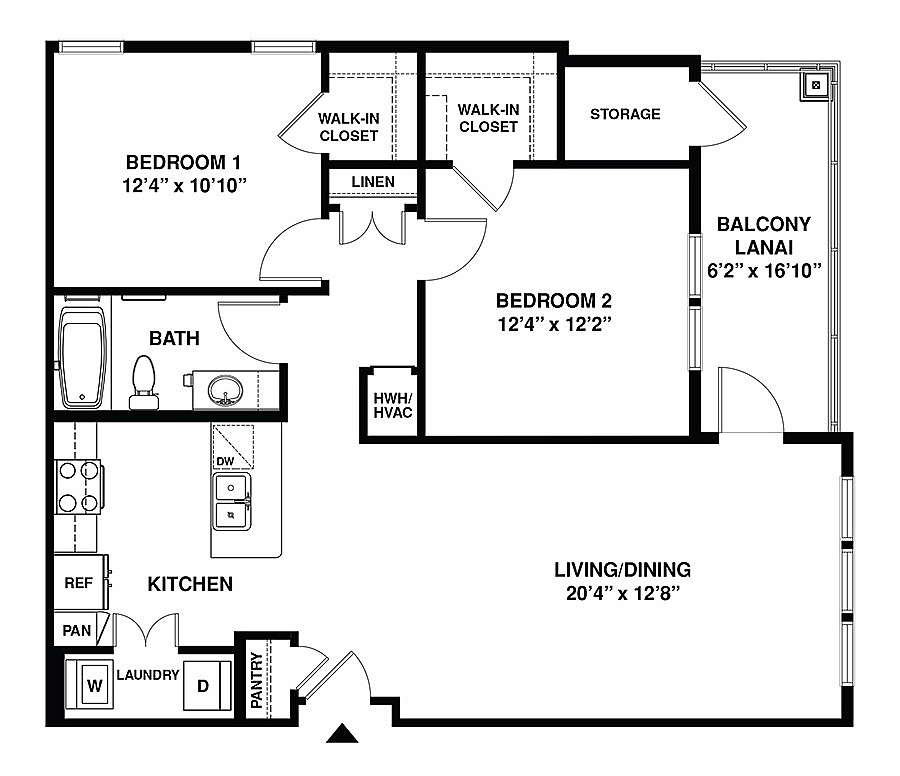 Elegant floor plan showcasing 2 spacious bedrooms, a modern kitchen, and expansive living/dining area with a balcony lanai.